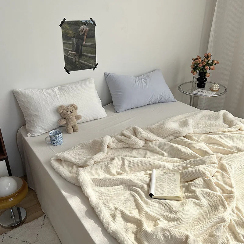 Afralia™ Camellia Jacquard Lamb Wool Blanket - Double-Layer Cozy Quilt