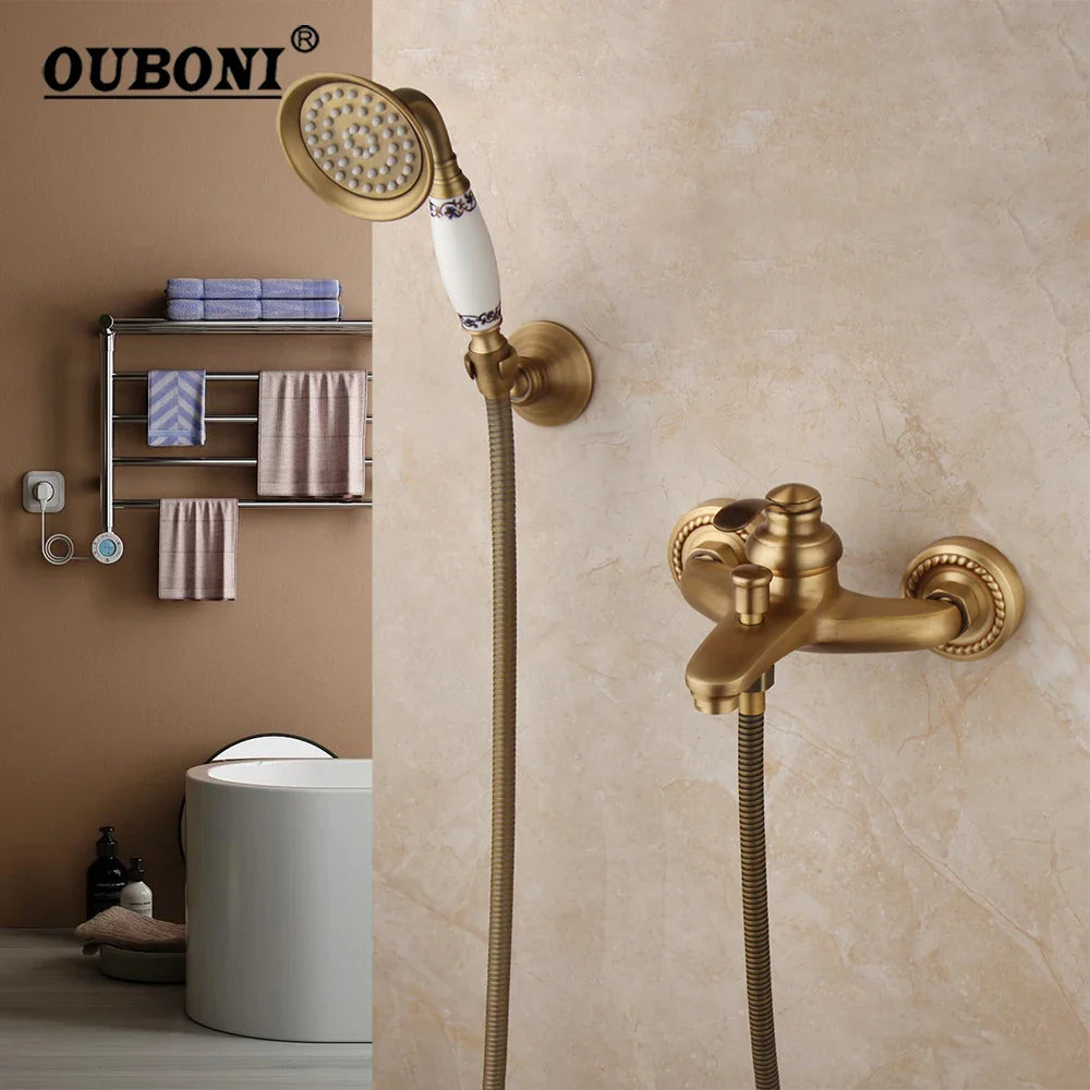 Afralia™ Antique Brass Wall Mounted Shower Faucet Set with Hand Shower Head