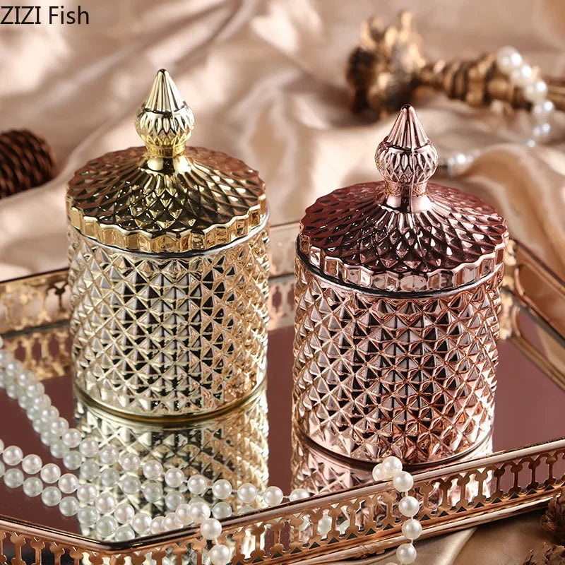 Afralia™ Gilded Glass Storage Jar with Lid for Candy, Jewelry, and Cosmetics