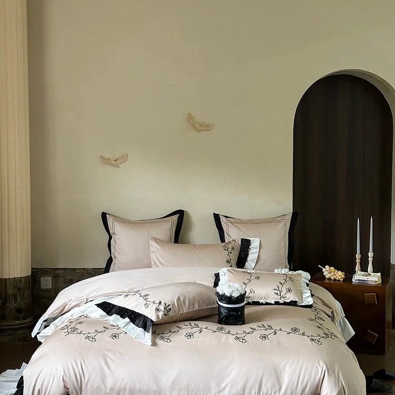 Afralia™ Vintage French Rose Flower Embroidery Ruffles Bedding Set
