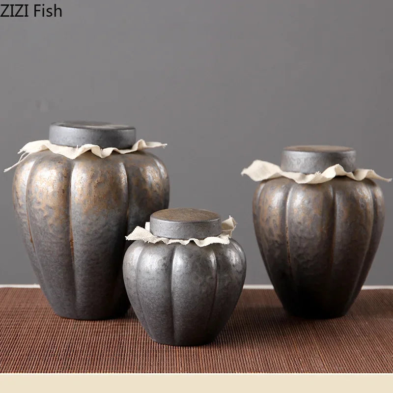 Afralia™ Ceramic Tea Canister Storage Jar Glazed Rough Pottery Coffee Table Candy Tea Caddy