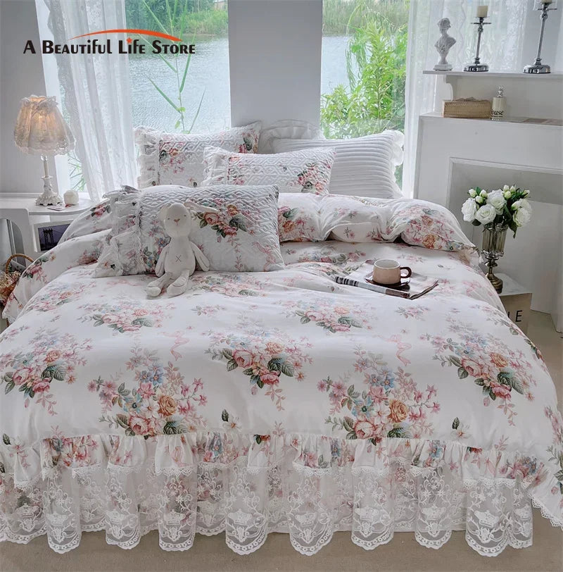 Afralia™ French Floral Print Bedding Set: Duvet Cover, Lace Ruffles, Quilted Embroidery, Pillowcases