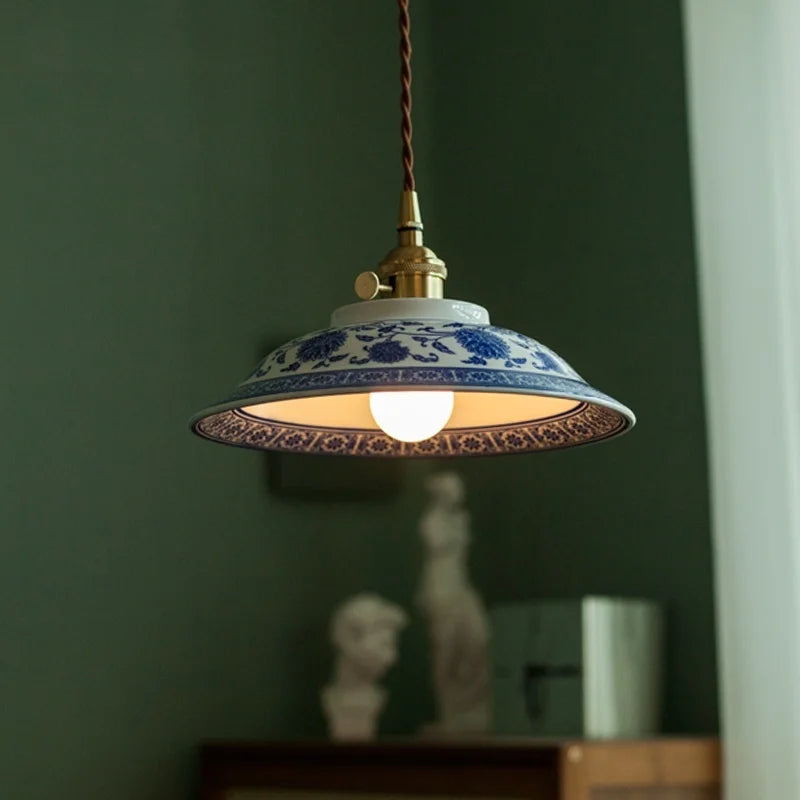 Afralia™ Patterned Ceramics LED Pendant Lights Vintage Copper Hanging Lamp