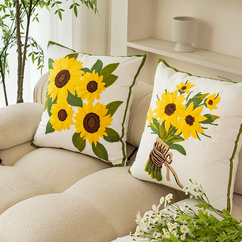 Afralia™ Soft Cotton Embroidery Sunflower Pillow Cover - 45x45CM