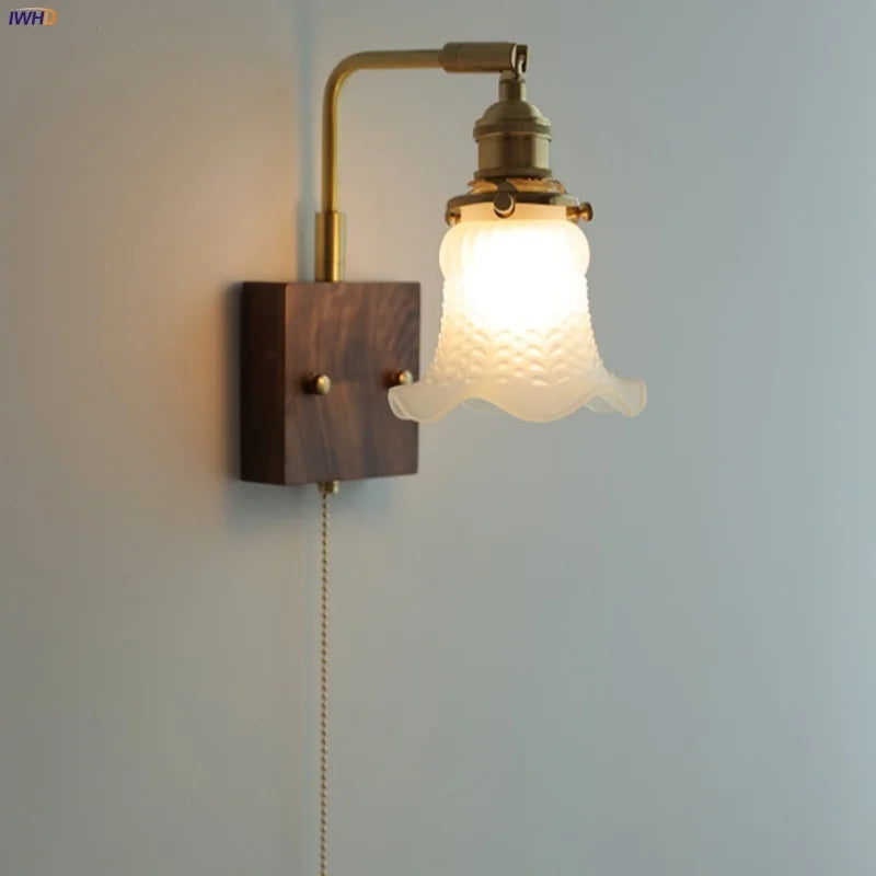 Afralia™ Brass Walnut Wood LED Wall Sconce with Pull Chain Switch & Flower Glass