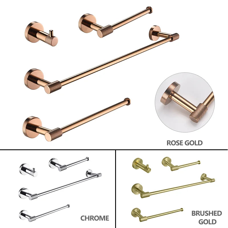 Afralia™ Rose Gold Chrome Bathroom Set: Towel Holder, Toilet Roll Holder, Bathrobe Hook