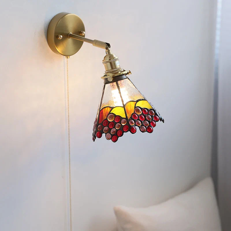 Afralia™ Glass LED Wall Light Tiffany Style Sconce, Pull Chain Switch, Colorful Design