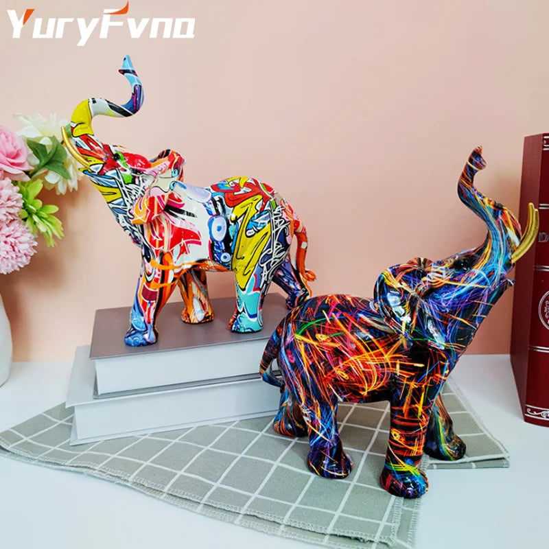Afralia™ Elephant Sculpture: Nordic Painting Graffiti Resin Art Figurine & Home Decor Craft