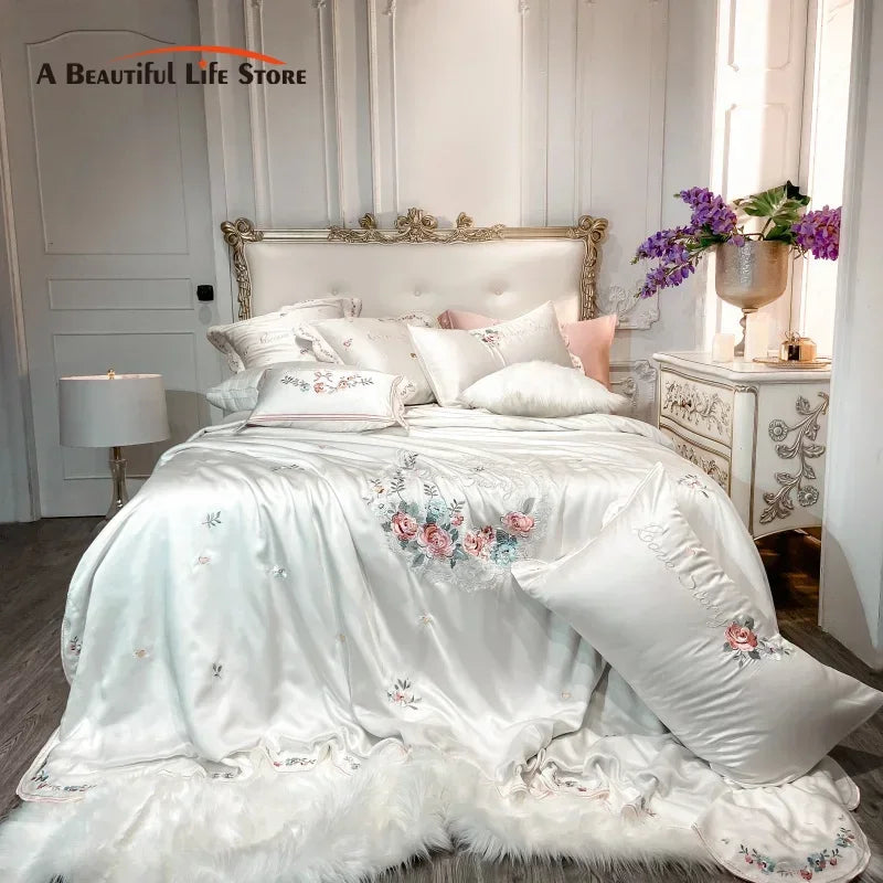 Afralia™ White Flower Embroidery Lyocell Bedding Set, Queen/King Duvet, Sheet, Pillowcases