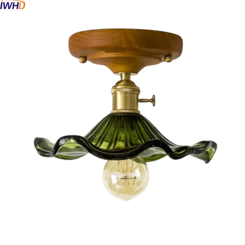 Afralia™ Green Glass LED Ceiling Lamp Nordic Wood Copper Ceiling Lights