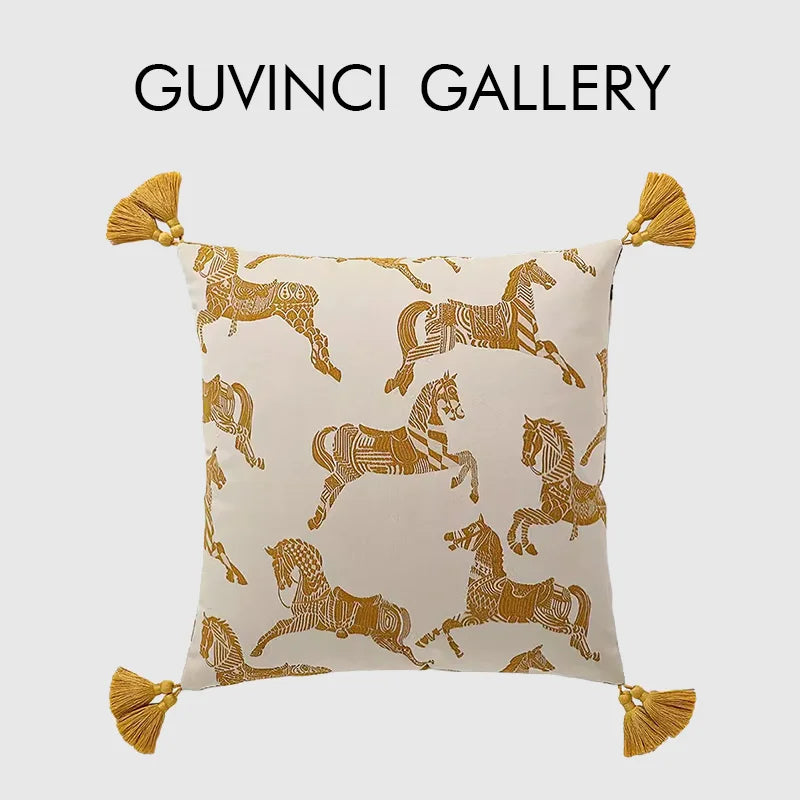 Afralia™ Medieval Gold Palace Horses Embroidery Pillow Cover for Luxury Home Décor
