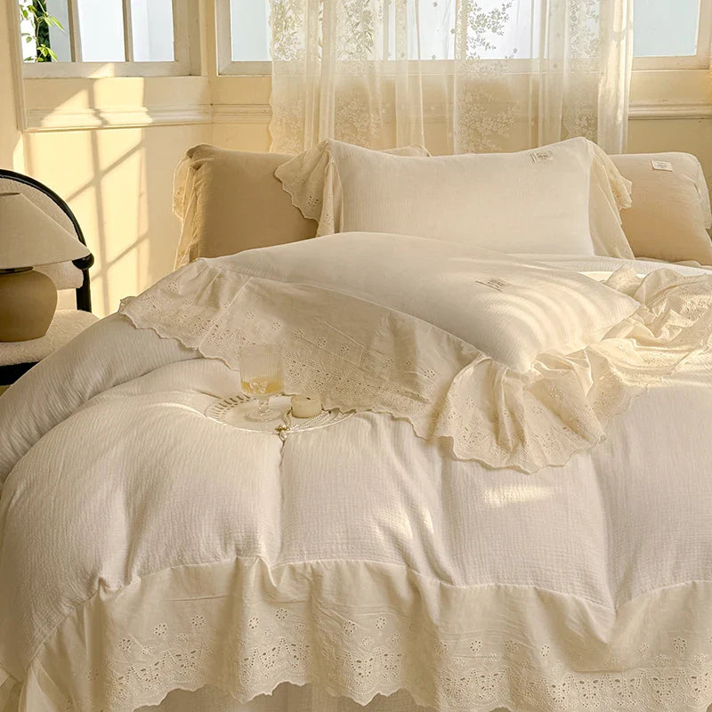 Afralia™ Lace Ruffles Princess Wedding Bedding Set in Pure Cotton Skin-friendly Fabric