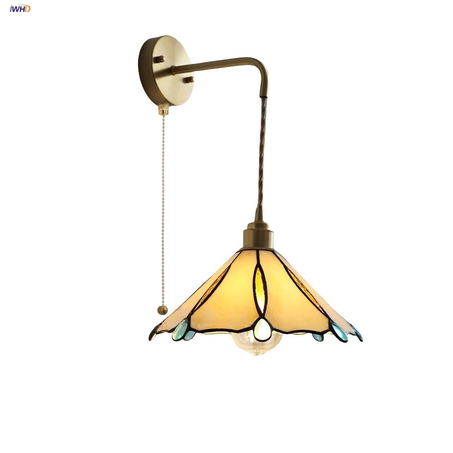 Afralia™ Tiffany Yellow Glass Wall Light Sconce with Pull Chain - Bedroom Balcony LED Fixture