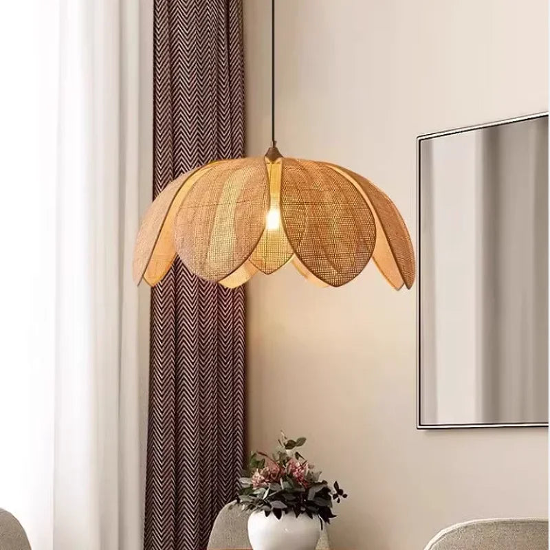 Afralia™ Wabi Sabi Rattan Pendant Lights for Dining Room - Petal Design LED Droplight