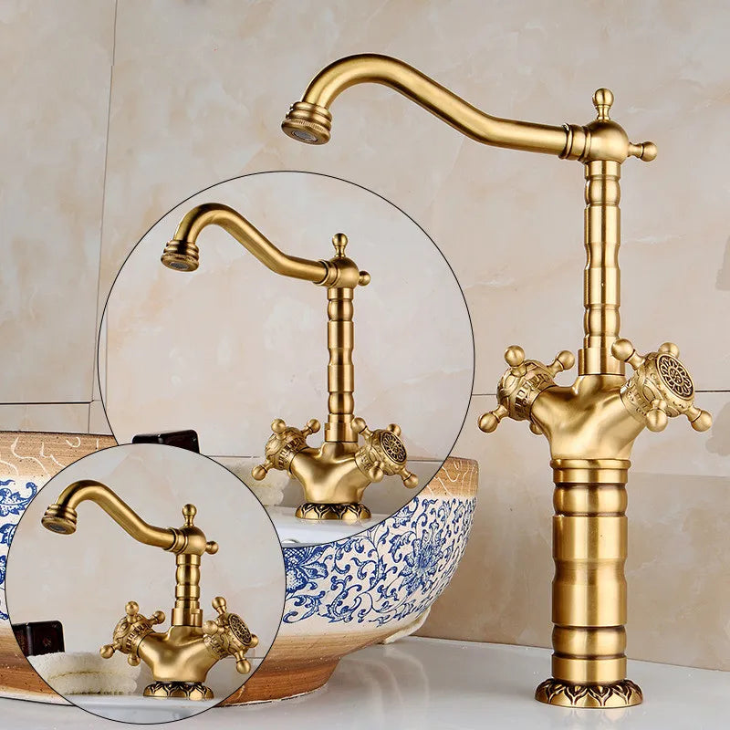 Afralia™ Brass Carved Bathroom Faucet, Single Handle Hot & Cold Water Mixer Tap