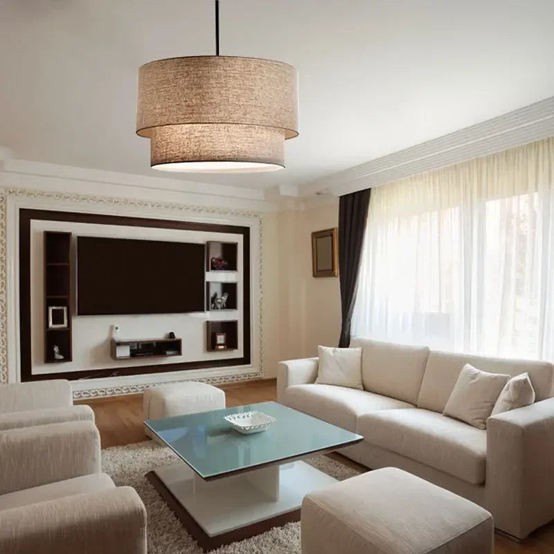 Afralia™ Double Linen Fabric Pendant Light Drum Lamp - Scandinavian Style Dining Room Bedroom Restaurant