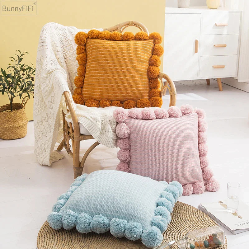 Afralia™ Ball Cushion Cover Vintage Yellow Pompom Ivory Pink Green Max 43cm Zip Home Sofa Decor