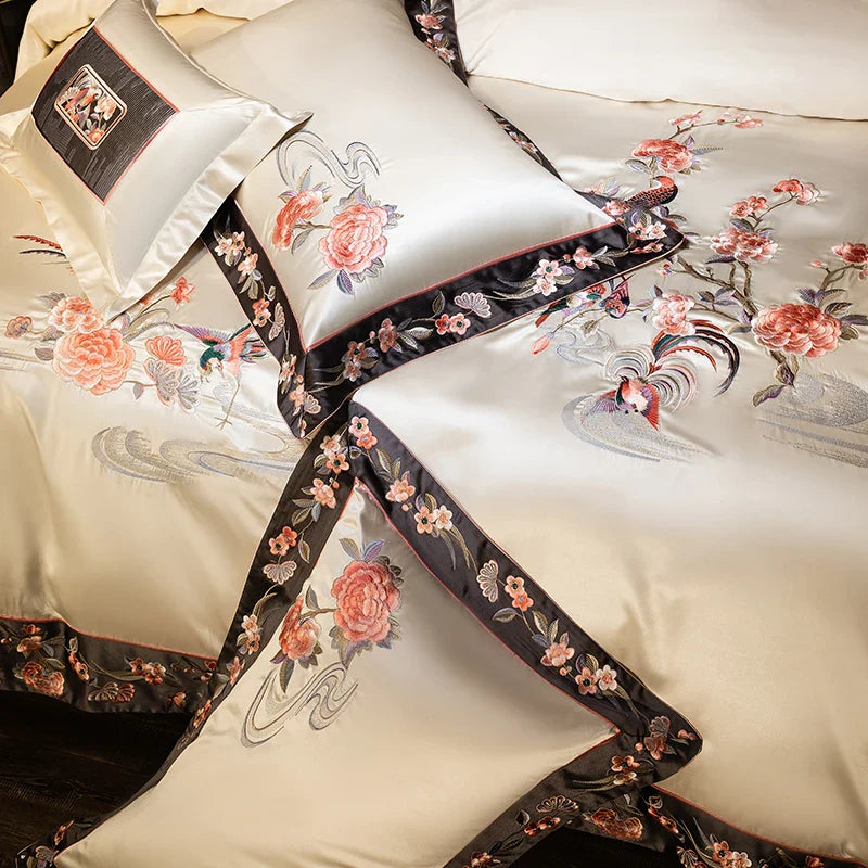 Afralia™ Champagne Flowers Embroidery Luxury Bedding Set - Satin Brocade Cotton Bedding