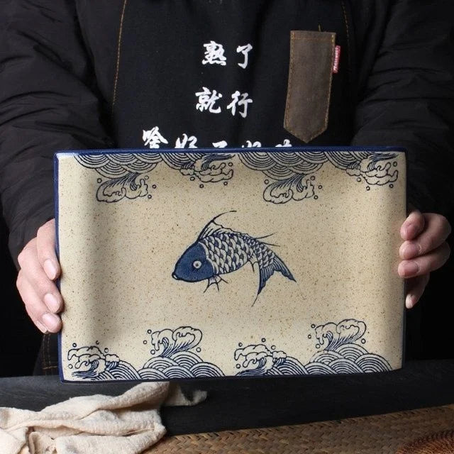 Afralia™ Japanese Fish Print Ceramic Tableware - Special-shaped Large Dinner Plate Set