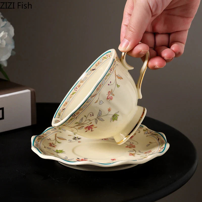 Afralia™ Elegant Floral Ceramic Cup & Saucer Set for Dining Table and Coffee Mug