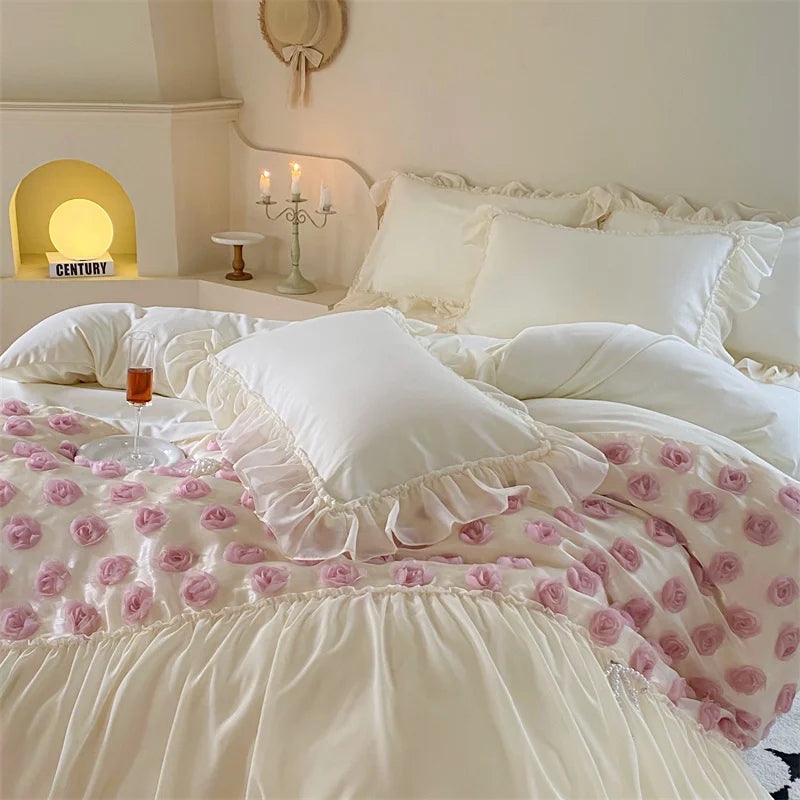Afralia™ Romantic Rose Lace Bedding Set: Duvet Cover, Sheet, Pillowcases, Ruffles