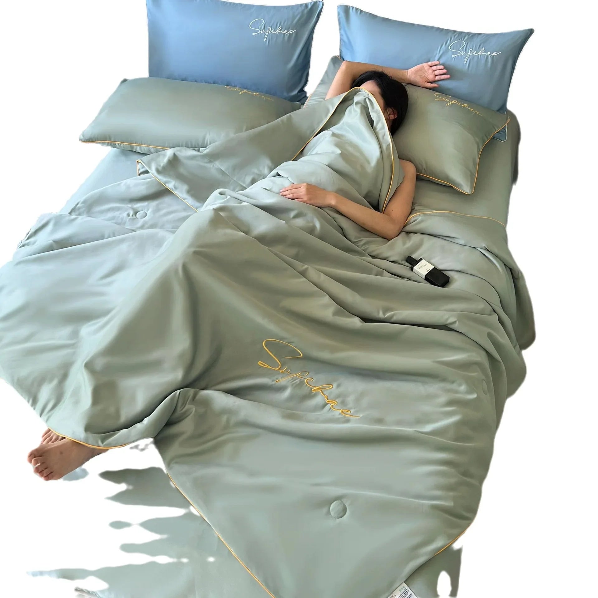 Afralia™ Summer Embroidered Thin Quilt Set with Sheets Pillowcases, Ice Air-Conditioned Quilt