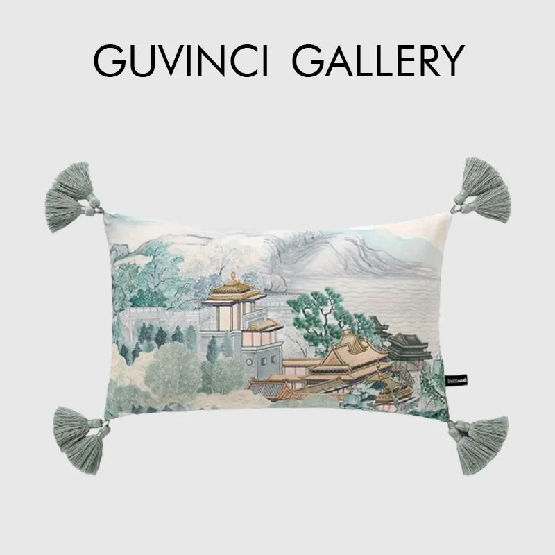 Afralia™ Chinese City Landscape Velvet Lumbar Pillow Cover with Tassels, 30x50cm