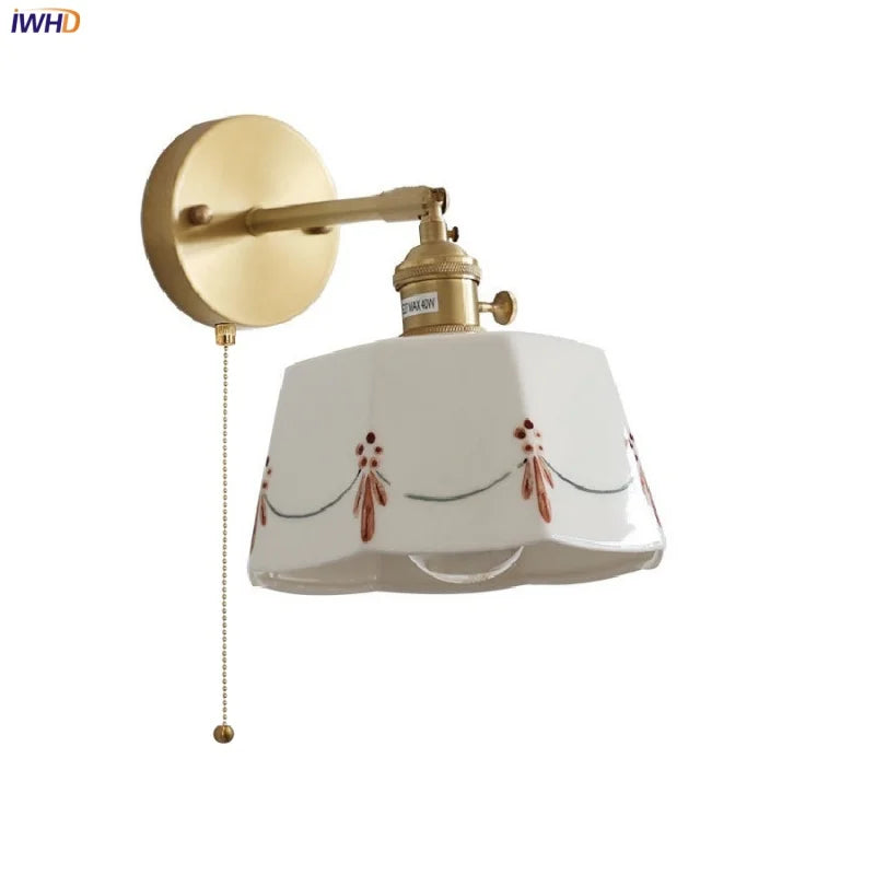 Afralia™ Ceramic Brass LED Wall Light Fixture Pull Chain Switch Bedside Lamp Sconce