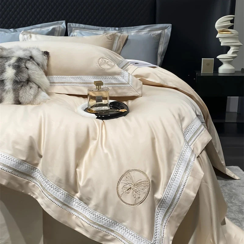 Afralia™ Luxury Butterfly Embroidery Champagne 4Pcs Bedding Set with Duvet Cover, Bed Sheet & Pillowcases