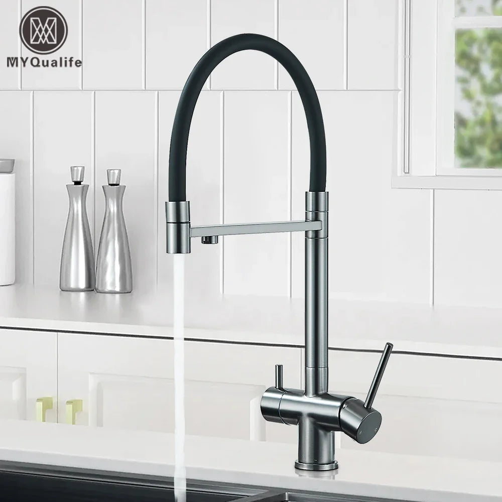 Afralia™ Gun Gray Filtered Kitchen Faucet - Dual Handle Pull Out Brass Sink Mixer