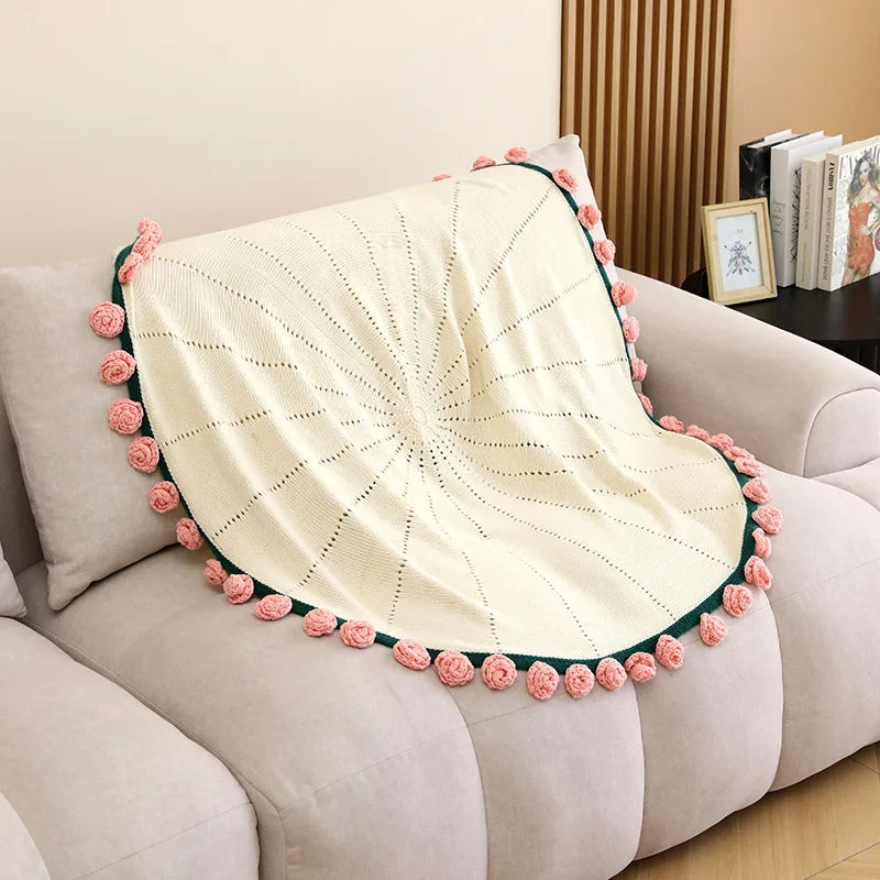 Afralia™ Romantic Rose Bouquet Handmade Soft Circular Flower Blanket