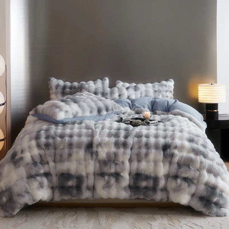 Afralia™ Gradient Blue & Grey Faux Rabbit Fur Bedding Set: Velvet Fleece Duvet, Sheets, Pillowcases