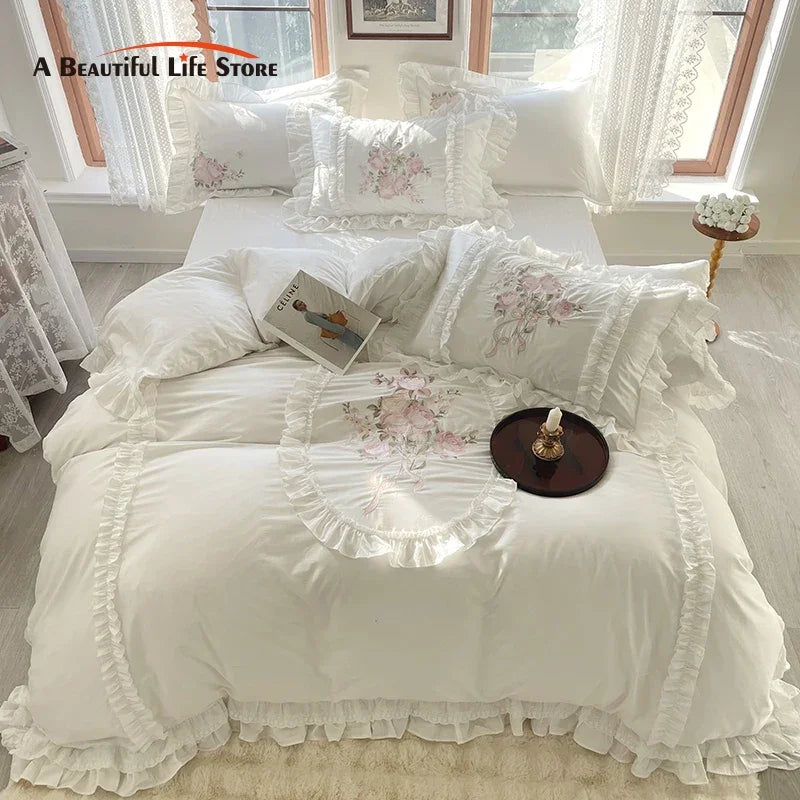 Afralia™ Vintage Rose Bouquet Embroidered Duvet Set with Ruffles & Patchwork