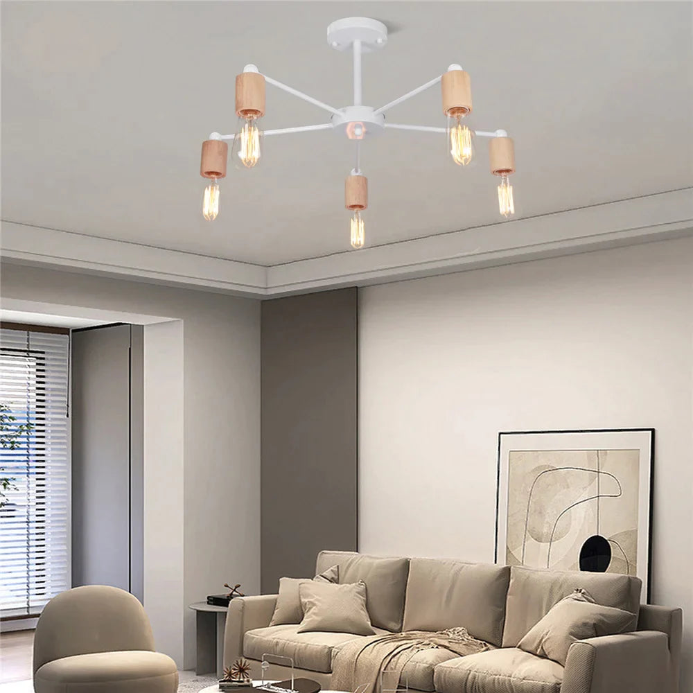 Afralia™ Nordic Loft Chandelier Wood Metal Vintage Ceiling Lamp E27 3/5 Lights for Home Lighting