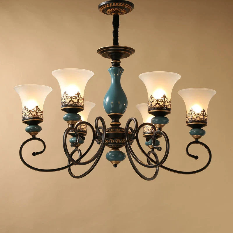 Afralia™ Vintage Ceramic Chandelier: European Classic Design, Glass Lampshade, Metal Arm Light