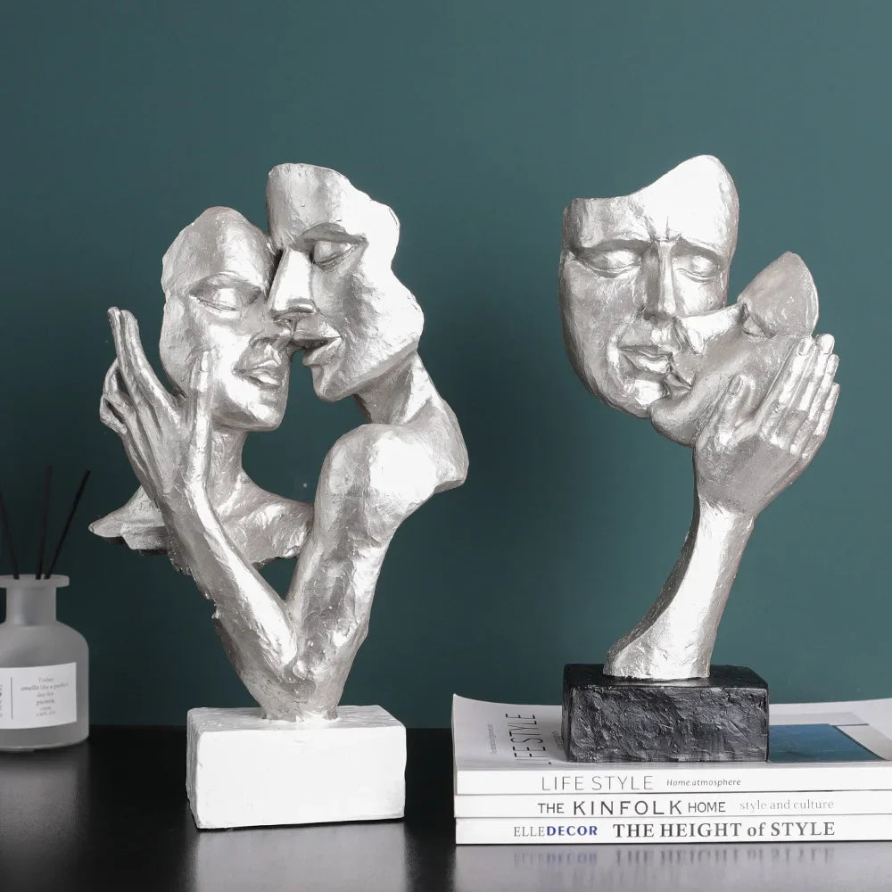 Afralia™ Silver Abstract Face Mask Resin Sculptures | Home Office Decor Statues