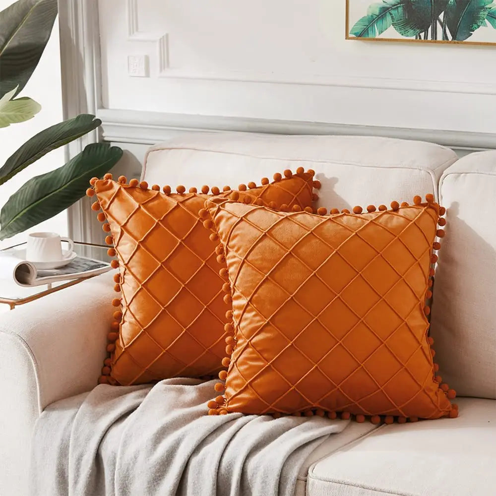 Afralia™ Velvet Pompom Throw Pillow Cover Set, Solid Color Decorative Cushioncase
