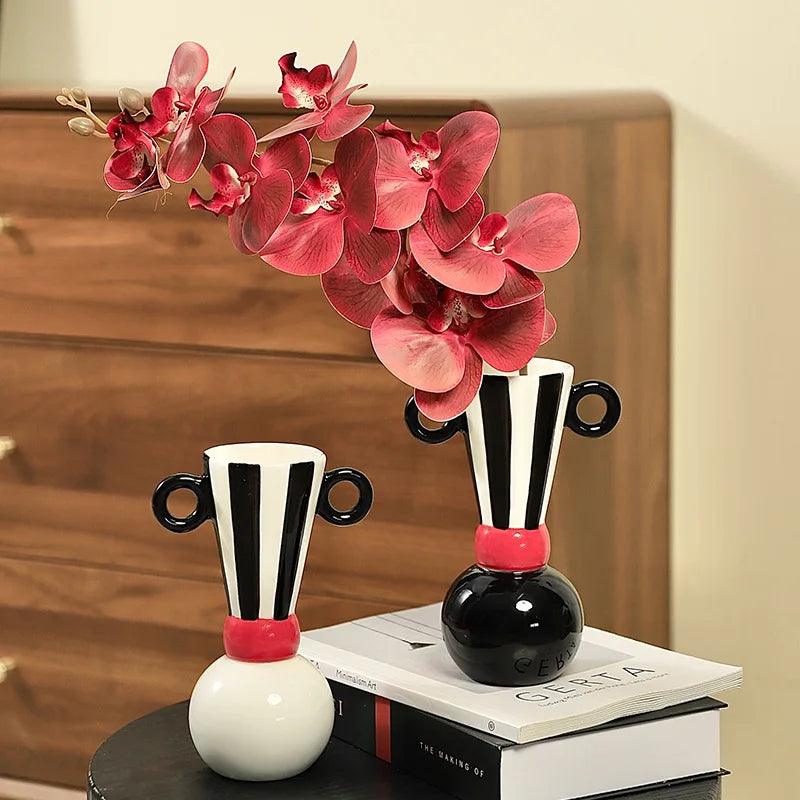 Afralia™ Geometric Stripes Ceramic Vase Black & White Home Decor
