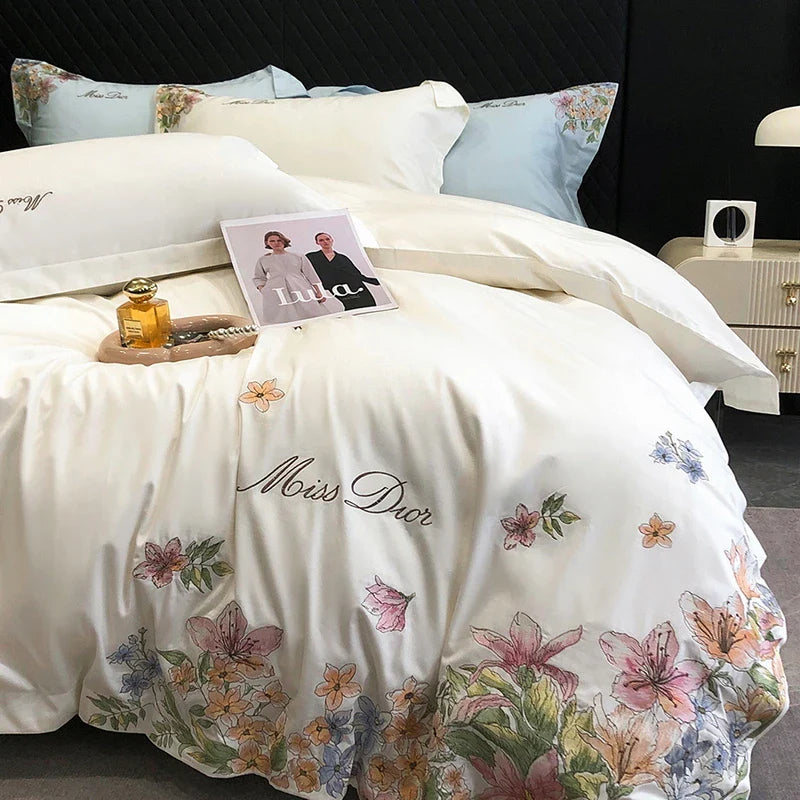 Afralia™ Egyptian Cotton Flowers Embroidery Luxury Bedding Set - Queen King Size