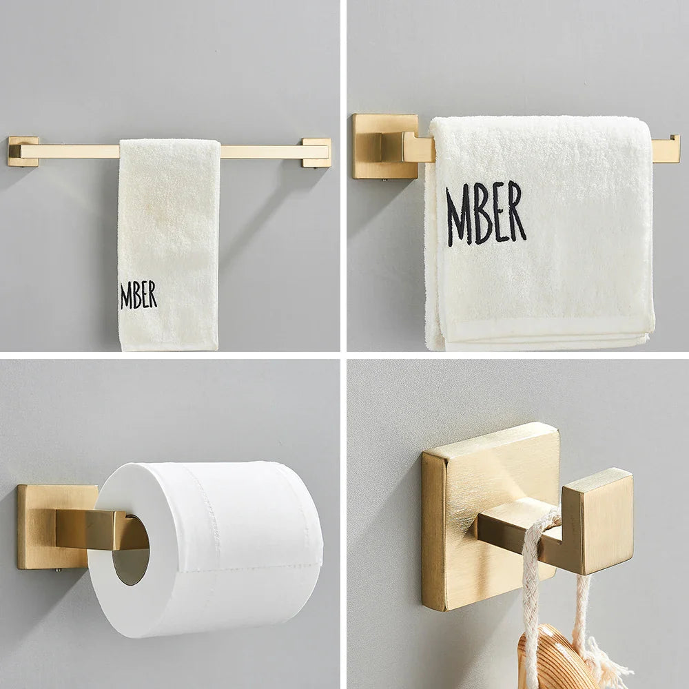 Afralia™ Brushed Gold Stainless Steel Bathroom Accessories Set: Toilet Wall Towel Bar, Paper Holder, Hook