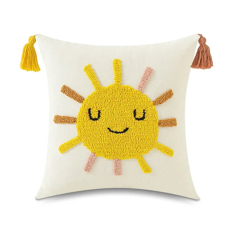 Afralia™ Boho Yellow Rainbow Star Moon Embroidery Pillow Cover 45x45cm with Tassels