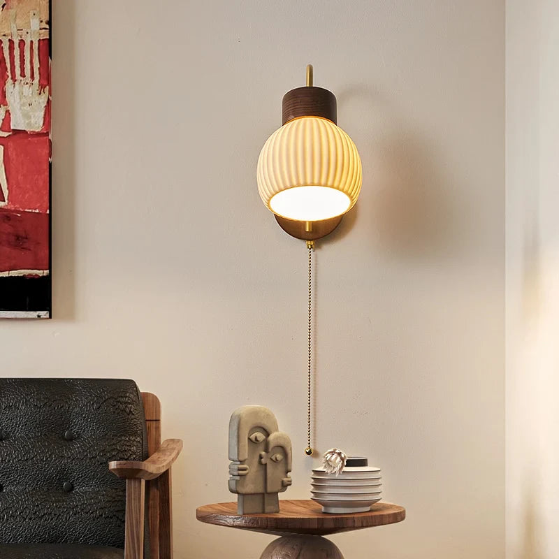 Afralia™ Ceramic Wood LED Wall Sconce Pull Chain Switch for Living Room Bedroom Hallway