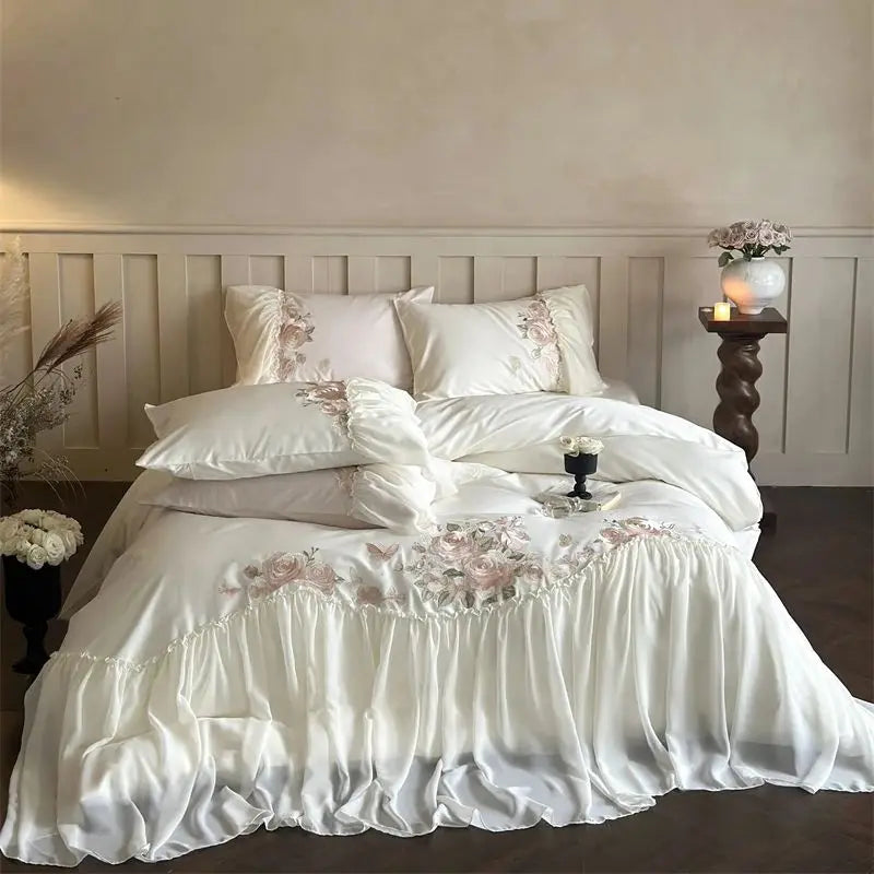 Afralia™ Luxe Lace Ruffles Wedding Bedding Set Flowers Embroidery Duvet Sheet Pillowcase