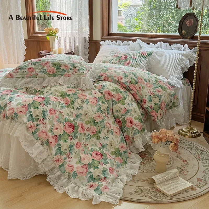 Afralia™ Floral Print Cotton Princess Bedding Set with Vintage Lace Details