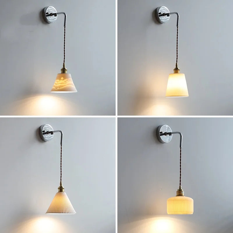 Afralia™ Ceramic LED Wall Sconce Pull Chain Switch Bedside Lamp White Nordic Modern Fixtures