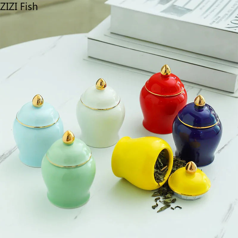 Afralia™ Gold Tea Canister Ceramic Storage Jar with Lid for Desk Decoration
