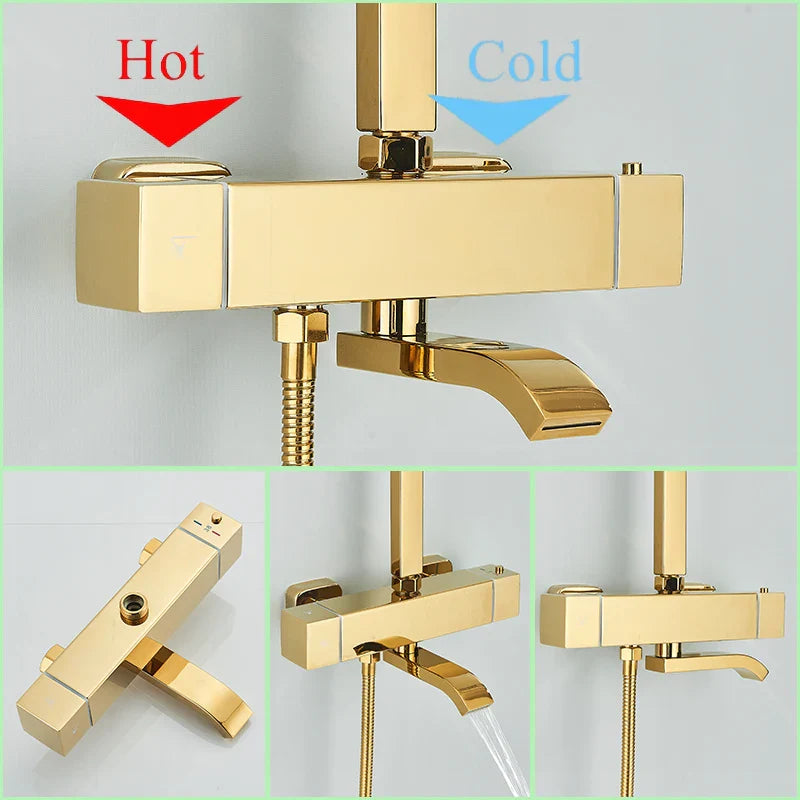 Afralia™ Golden Thermostatic Shower Faucet Set with Rainfall Shower Column and 3-Way Mixer