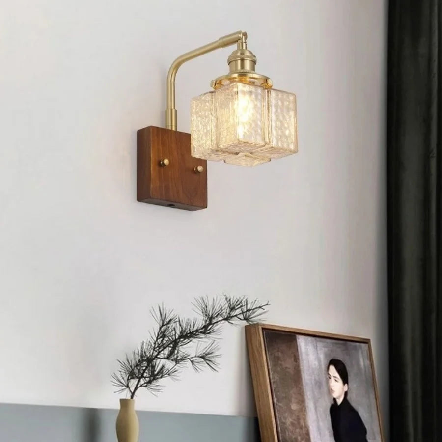 Afralia™ Amber Glass LED Wall Sconce with Walnut Wood, Pull Chain Switch for Living Room