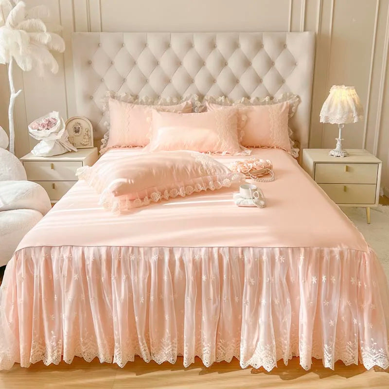 Afralia™ Cotton Lace Princess Bed Sheet Set with Solid Color Bedspread
