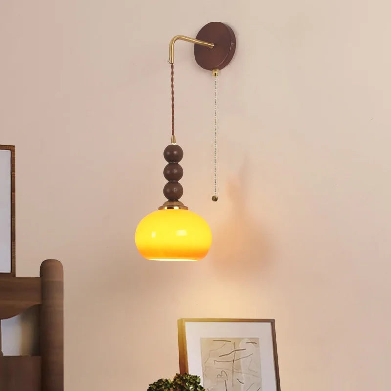Afralia™ Modern LED Walnut Wood Wall Lights with Glass Shade & Pull Chain Switch